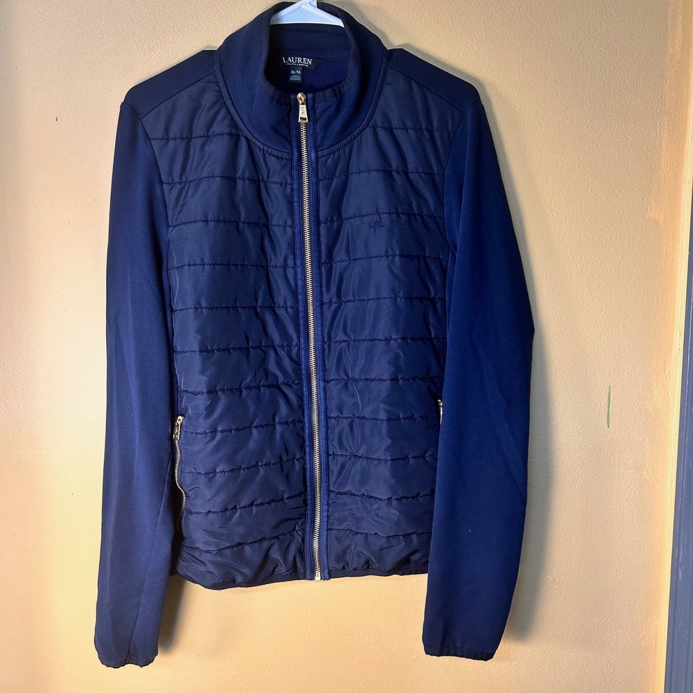 Vintage Lauren Ralph Lauren Womens XL Jacket Full Zip‎ Quilted Knit Navy Blue